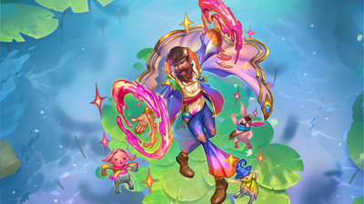 A bearded man in tie-die attire happily spins magic paint around his hands as he walks on lillipads among animal friends.