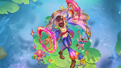 A bearded man in tie-die attire happily spins magic paint around his hands as he walks on lillipads among animal friends.