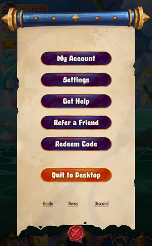 The new Galaxy settings menu showing various buttons and links. It has a fantasy aesthetic, with decorative gold-trimmed buttons above a scroll and parchment.