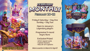 February Monthly tournament announcement graphic with listed event details, images of prizes and artwork from the new Candyman alt-art Captain.