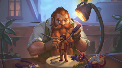 A toy maker carefully sculpts and paints a wooden Paul Bunyan at his desk. He wears a smock and examines his work with a loupe under lamplight. A Tiamat toy is nearby on the desk.