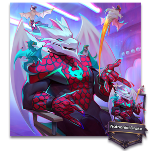 A white drake wearing a red and black webbed suit like a super hero shooting fire from his wrists.