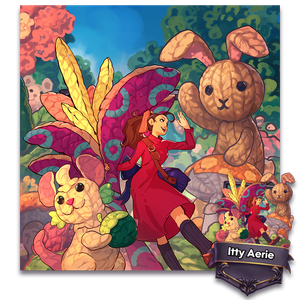 Itty Aerie walking through a world of cross stitched and stuff animals, plants and more.