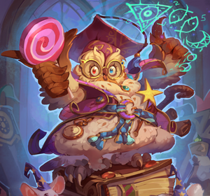 A fluffy feathered owl in professor regalia and casting spells.