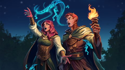 A pair of singing mages, their skin becoming scaley as they transform into dragons.