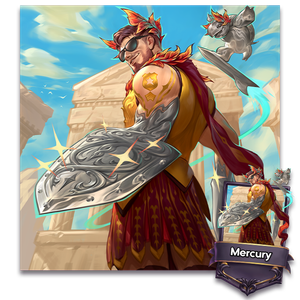 Mercury wearing sunglasses in an imposing pose, his arms melt and form into liquid-metal sword and shield. His pet turtle is in the background, also metal and riding a flying surfboard.