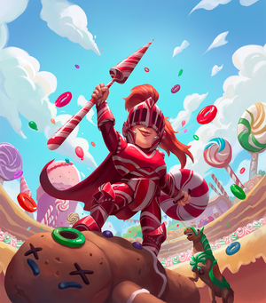 A knight clad in candycane armor stands victorious above a knocked-out gingerbread man. In the background, an arena's stands full of candy people cheer.