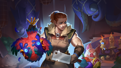 A smug butcher with a cleaver holding a 2 headed chicken.