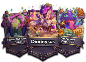 This season's tournament-themed alternate-art Captains prizes: Dinonysus, Faker the Caker Baker and Omniverse Omnivore.