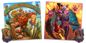 Two artworks side-by-side: in one, Baldr joyfully painting his fence white; in the other Hades has taken the form of a fallen angel.