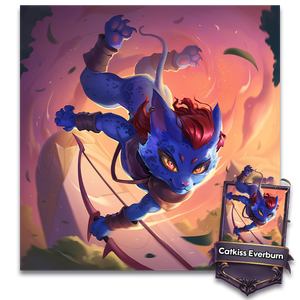 A blue-furred Catkiss attacks from the sky with her bow at the ready.