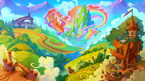 A bright pastural landscape, with fields and houses in the foreground and tall purple mountains in the far distance. Between everything lies a lake with a misty island and waterfall. A rainbow dragon emerges from the water and perches around the island.