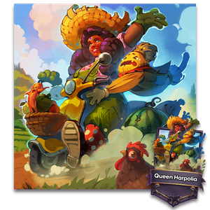 Queen Harpolia wears a farmer's outfit, riding a moped through the fields with a crew of anthropomorphic vegetables.
