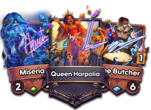 Miseria, Queen Harpolia, and The Butcher are three of the artist-signed prizes. Artists' stylized signatures appear over the cards' artwork.