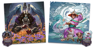 Two artworks side-by-side: in one, Thanatos sadly plucks a flower's petals; in the other Tajima weaves wind among his animal companions.