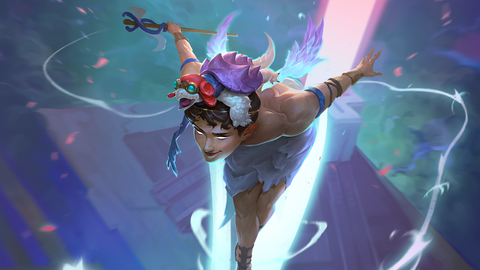 The god mercury dashes through space on a ray of light, a spike shelled turtle rides upon his head.