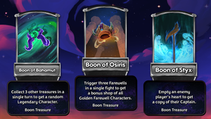 Three Boon treasures are shown: Boon of Bahamut has 'Collect 3 treasures in a turn to get a random Legendary treasure.'; Boon of Osiris has 'Trigger three Farewells in a single fight to get a bonus shop of all Golden Farewell characters.'; Boon of Styx has 'Empty an enemy player's heart to get a copy of their Captain.'.