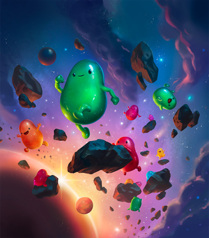 Jelly-bean characters race each other in space, jumping across an asteroid belt.