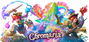 3 characters pose around Chromaria's logo - an artist swashbuckler, a clumsy painter, and a rainbow dragon.