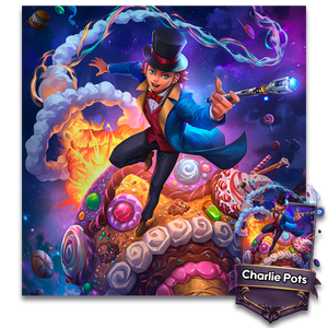 Charlie Pots wearing a top hat and riding a flying candy spaceship with a magical screwdriver