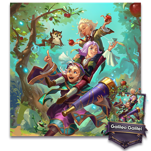 Three young scientists play in an orchard. One holds apples, another examines a prism, and the third points upward while carrying a telescope.