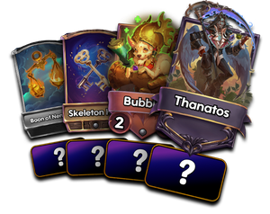 Fanned-out Mythbound cards, with question-marks in their text boxes: Thanatos (captain card), Bubbles (common character), Skeleton Key (common treasure), Boon of Nemesis (treasure with an altered frame…)