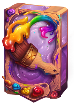 A deck box with a paint-themed design: a brush, palette, and globs of colored paint.
