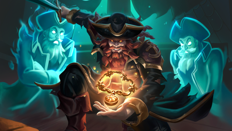 A pirate shows a magical locket to two spectral comrades.