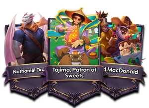 A fan of cards showing Nathaniel Drake, Tajima Patron of sweets and Old Macdonald