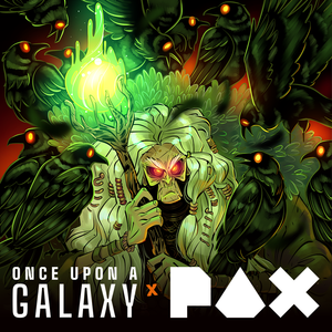 A spooky witch surrounded by red eyed crows and holding a staff with a green magic emminating from the top