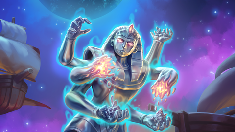 A being made of molten silver poses above a planet in space, surrounded by flying pirate ships.