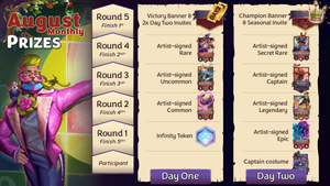 Prizes for each stage of the event as follows: Day One, Round 1 - Infinity Token;  Round 2 - artist-signed Common (Mysterious Egg); Round 3 - signed Uncommon (Baby Bear); Round 4 - signed Rare (Mr. Fox); Round 5 - Victory banner and 2 Day Two Invites; Day Two, participant - alt-art costume ('Big Break' Set); Round 1 - signed Epic (Pisces); Round 2 - signed Legendary (Guinevere); Round 3 - signed Captain (Romeo); Round 4 - signed Secret Rare (Paul Bunyan); Round 5 - Champion banner and Seasonal invite.