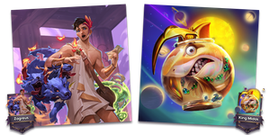 Two artworks side-by-side: in one, Zagreus's efforts as an intern postman are thwarted by the michevious Cerebus; in the other a galactic shark-transformed King Midas is trapped in his planet-sized fish bowl.