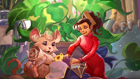 A woman in a red dress the size of a mouse packs her bags ready for a large adventure.