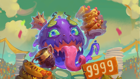 Omniverse Omnivore celebrates victory at a hotdog-eating contest.