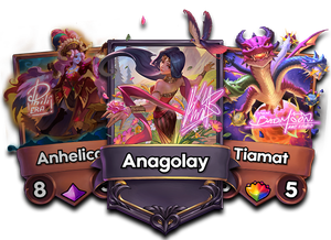 Anhelica, Anagolay, and Tiamat are three of the artist-signed prizes. Artists' stylized signatures appear over the cards' artwork.