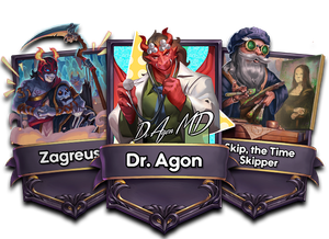 Alt-art costumes: Dr. Agon MD, Venciendo a la Muerte (Zagreus), and Leonardo da Skippy (Skip, the Time Skipper).