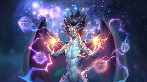 A cosmic space dragon with arcs of energy that are suns