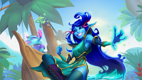 A blue-skinned fae disembarks from her ship onto a new world, painting everything around her blue.