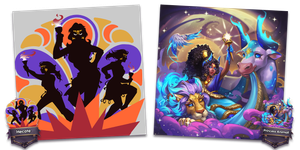 Two artworks side-by-side: in one, Hecate's three witches are stylized like 70's pop-art; in the other Princess Animall rests among celestial animals.