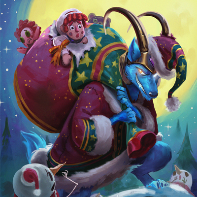 Loki dressed as Santa Claus with a giant sack of stolen toys and a mischevous grin on his face.