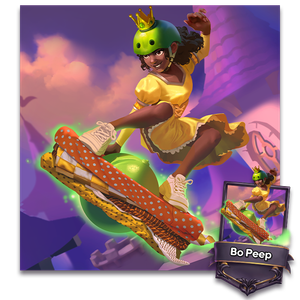 Bo Peep rides a skateboard made of a giant pea, with a crowned pea-colored helmet.