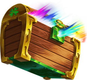 a treasure chest with shamrock iconography being opened with rainbow light coming out