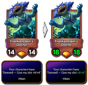 Frankenstein's doctor went from 14/14 to 18/18 and his ability increased from +4/+4 to +6/+6