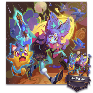Da Ba De paints various creatures around her blue. Blue-colored starbies prance around her, as a furry star-shaped creature is startled by the glob up paint up its back.