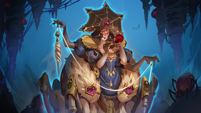 A regal figure with the lower body of a spider poses holding a spiderling and magic thread.