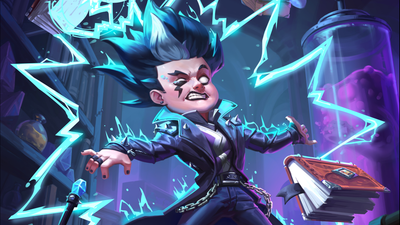 A wizard in black leather spiked jacket being electrocuted by his own spell.