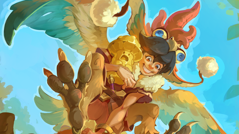 A child with a chicken-head hat, legs, and wings leaps through the air holding a stolen golden mushroom statue.