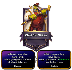 Now doubles his buff when you golden any character, not just villains.