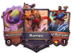 Mysterious Egg, Romeo, and Paul Bunyan are three of August's artist-signed prizes. Artists' stylized signatures appear over the cards' artwork.